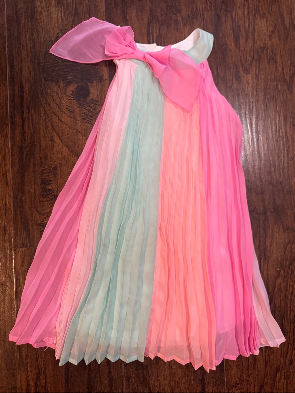 Girls Pleated Pastel Rainbow Dress with Bow